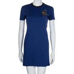 Louis Vuitton Blue Embroidered Motif Detail Crew Neck T-Shirt Dress S Louis  Vuitton