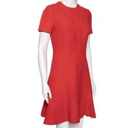 Louis Vuitton Red Wool Flared Hem Detailed Short Sleeve Dress M