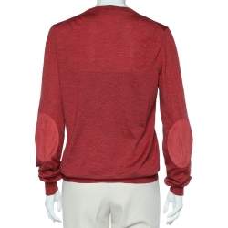 Pre Owned كنزة لوي فيتون جلد حرير برقعات وصوف أحمر محمر برقبة مستديرة مقاس كبير - لارج