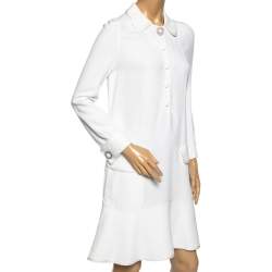 Pre Owned Louis Vuitton Off White Crepe Collared Shift Dress M