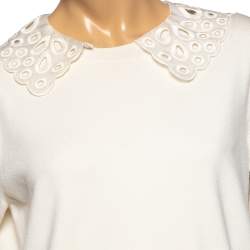 Louis Vuitton Cream Embroidered Collar Trim Short Sleeve Sweater M