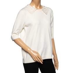 Louis Vuitton Cream Embroidered Collar Trim Short Sleeve Sweater M