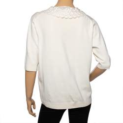 Louis Vuitton Cream Embroidered Collar Trim Short Sleeve Sweater M