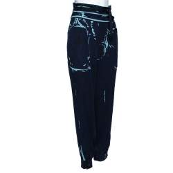 Pre Owned Louis Vuitton Navy Blue Printed Silk Jogger Pants M
