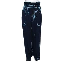 Pre Owned Louis Vuitton Navy Blue Printed Silk Jogger Pants M