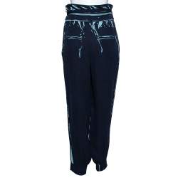 Pre Owned Louis Vuitton Navy Blue Printed Silk Jogger Pants M