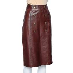 Louis Vuitton Burgundy Leather Button Front Faux Wrap Skirt L