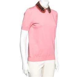 Pre Owned Louis Vuitton Pink Wool Embellished Collar Detailed Top S
