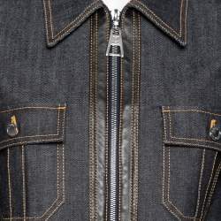 Pre Owned Louis Vuitton Blue Denim Leather Trimmed Zip Front Jacket M