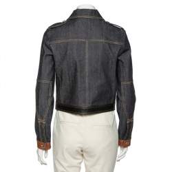 Pre Owned Louis Vuitton Blue Denim Leather Trimmed Zip Front Jacket M