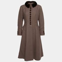 Pre Owned معطف لوي فيتون صوف بني حواف فرو أزرار أمامية مقاس متوسط (ميديوم)