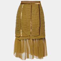 Louis Vuitton Olive Green Cotton Ruched Knee Length Skirt M
