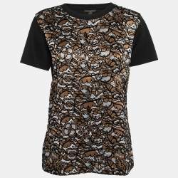 Louis Vuitton Black & Brown Flocked Floral Silk & Cotton Short Sleeve T-Shirt L
