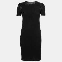 Louis Vuitton Black Pointelle-Knit Braided Neck Midi Dress S 