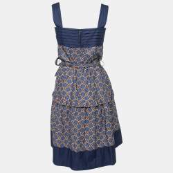 Pre Owned Louis Vuitton Blue & Brown Printed Cotton Belted Sleeveless Dress S