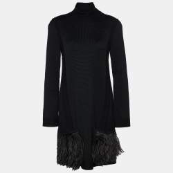 Louis Vuitton Black Wool Knit Feather Trim Turtleneck Dress XL