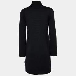 Louis Vuitton Black Wool Knit Feather Trim Turtleneck Dress XL