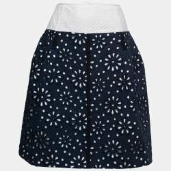 Louis Vuitton Navy Blue Floral Embroidered Cotton A-Line Skirt M