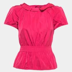 Louis Vuitton Pink Coated Silk Bow Detailed Elasticized Waist Top M