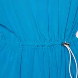 Pre Owned Louis Vuitton Blue Silk & White Cotton Knit Waist Drawcord Mini Dress M