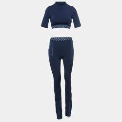 Louis Vuitton Navy Blue Monogram Stretch Knit Flight Mode Crop Top and Jeggings Set S