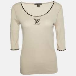 Pre Owned Louis Vuitton Beige Logo Embellished Cotton Knit T-Shirt XL