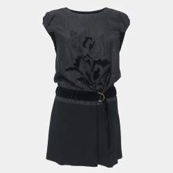 Louis Vuitton Black Embroidered Crepe Belted Mini Dress S