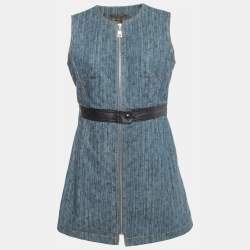 Louis Vuitton Blue Monogram Denim Zip Front Sleeveless Mini Dress L