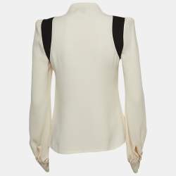 Pre Owned Louis Vuitton Ivory White Silk Ruffled Tie Neck Blouse S