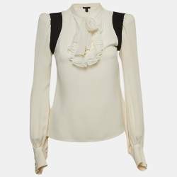 Pre Owned Louis Vuitton Ivory White Silk Ruffled Tie Neck Blouse S