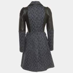 Louis Vuitton Navy Blue Printed Leather Trimmed Knit Double Breasted Coat S