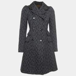 Louis Vuitton Navy Blue Printed Leather Trimmed Knit Double Breasted Coat S