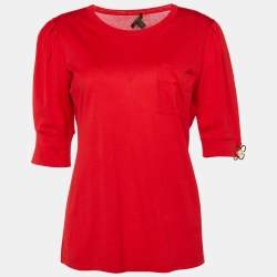 Pre Owned Louis Vuitton Red Cotton Monogram Brooch Detail T-Shirt M