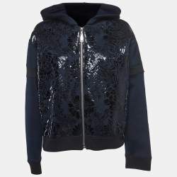 Louis Vuitton Navy Blue Floral Pattern Leather Trim Knit Zipper Jacket L