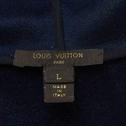 Louis Vuitton Navy Blue Floral Pattern Leather Trim Knit Zipper Jacket L