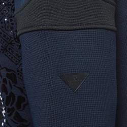 Louis Vuitton Navy Blue Floral Pattern Leather Trim Knit Zipper Jacket L