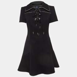 Pre Owned Louis Vuitton Black Wool Blend Lace-Up Neck Skater Dress M