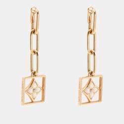 Pre Owned Louis Vuitton B Blossom Yellow Gold, White Mother-of-Pearl and Diamond Dangle Earrings