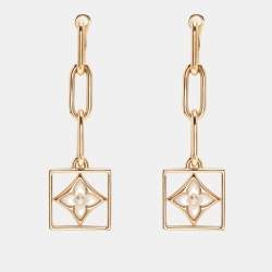 Pre Owned Louis Vuitton B Blossom Yellow Gold, White Mother-of-Pearl and Diamond Dangle Earrings