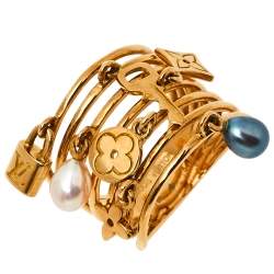 Louis Vuitton Monogram Charm Cultured Pearl 18K Yellow Gold Cocktail Ring Size 54