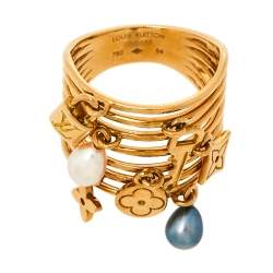 Louis Vuitton Monogram Charm Cultured Pearl 18K Yellow Gold Cocktail Ring Size 54