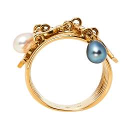 Louis Vuitton Monogram Charm Cultured Pearl 18K Yellow Gold Cocktail Ring Size 54