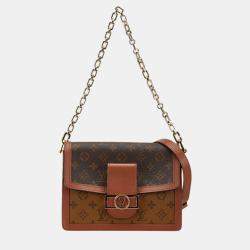 Pre Owned Louis Vuitton Brown Coated Canvas Leather Monogram Reverse Dauphine Mm Chain Shoulder Bag