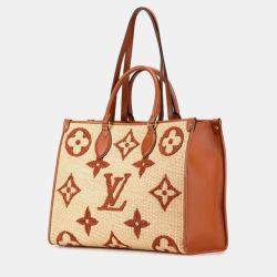 Louis Vuitton Brown/Beige Raffia Calfskin Monogram Giant Onthego GM Tote Bag 