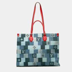 Louis Vuitton Blue Red Leather Monogram Denim OnTheGo GM Tote Bag