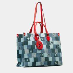 Louis Vuitton Blue Red Leather Monogram Denim OnTheGo GM Tote Bag
