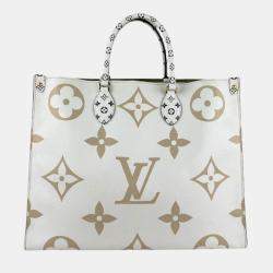 Pre Owned Louis Vuitton Kaki Beige Coated Canvas Monogram Giant Onthego GM Tote Bag