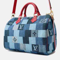 Pre Owned Louis Vuitton Speedy Bandouliere 30 Blue Red Monogram Denim Boston Bag