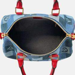 Pre Owned Louis Vuitton Speedy Bandouliere 30 Blue Red Monogram Denim Boston Bag