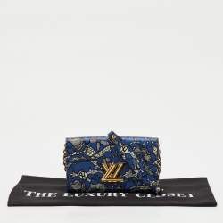 Pre Owned Louis Vuitton Navy Blue Flower Lace Leather Inlay Twist Wallet on Chain